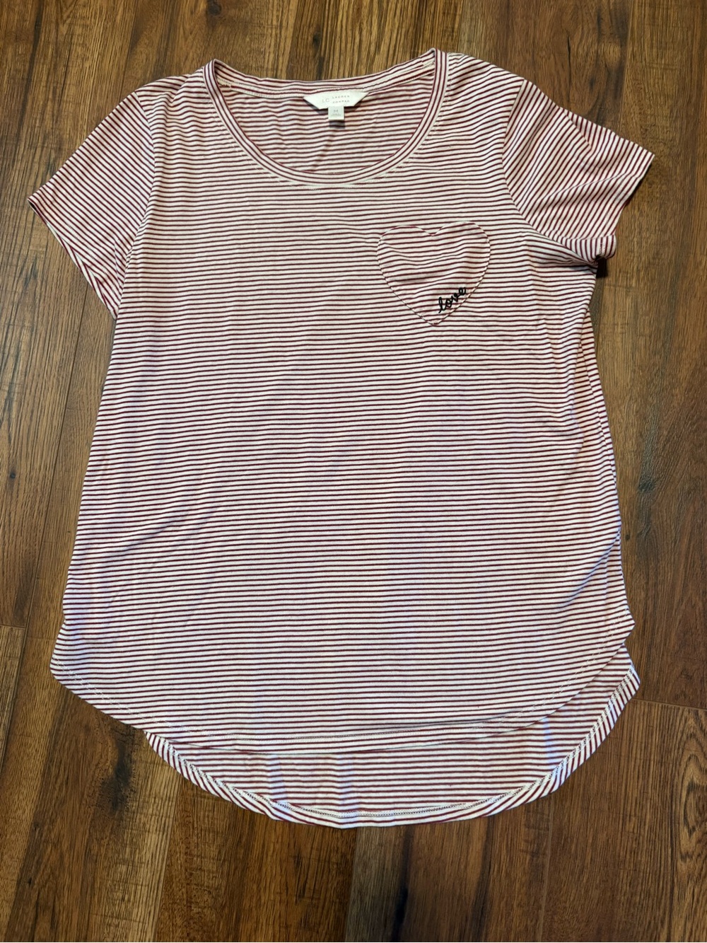 LC Lauren Conrad Pink and White Striped Short Sleeve Tee with Heart Pocket